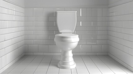 3D illustration of a toilet in a bathroom with a white tiled background, soft lighting, high resolution photography, insanely detailed with fine details.