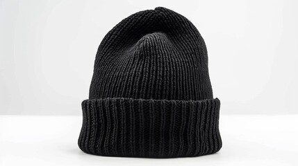 black knit beanie hat isolated on white background winter accessory mockup studio shot