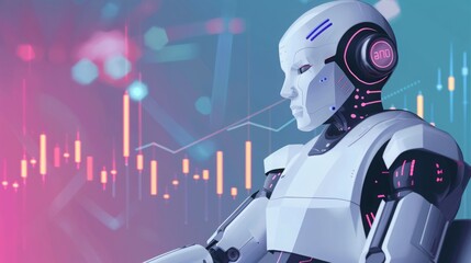A robot equipped with headphones stands in front of a stock chart, processing financial data for analysis and decision-making.