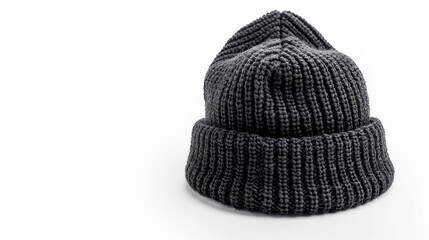 black knit beanie hat isolated on white background winter accessory mockup studio shot