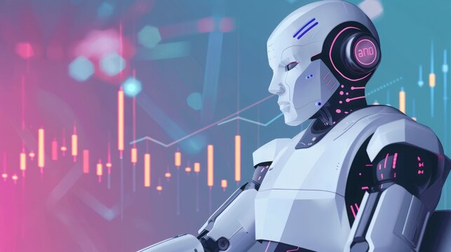 A robot equipped with headphones stands in front of a stock chart, processing financial data for analysis and decision-making.