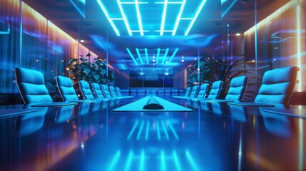 blurred tech conference room with integrated ai tools business technology background