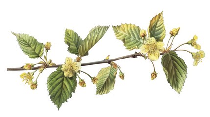 botanical illustration of hazel plants with yellow flowers in bloom isolated on white