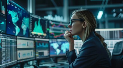 A woman wearing glasses is focused on multiple computer screens in front of her, engrossed in data analysis and multitasking.