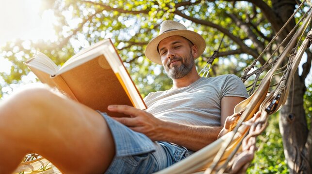 Relaxing Summer Day: Man in Hat Lounging in Hammock with Book Amidst Nature