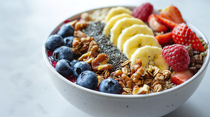 Healthy Breakfast Acai Bowl with Fresh Berries Banana and Nuts on White Marble Background