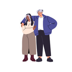 Modern old lesbian couple standing, hug together. Senior women embrace, cuddle. Aged homosexual ladies love each other. Happy LGBT relationship. Flat isolated vector illustration on white background