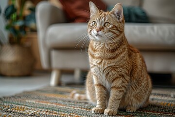 Illustration of  cat sitting on a carpet in front of a couch, high quality, high resolution