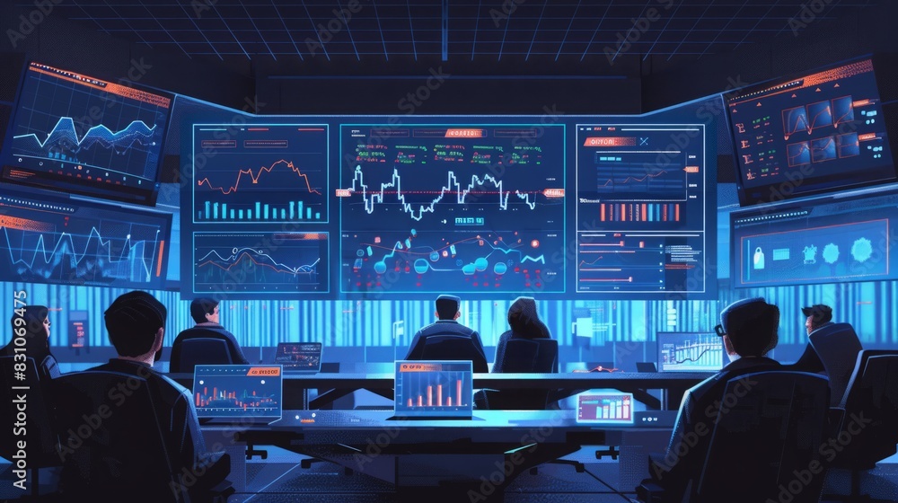 Poster several individuals are seated around a table, each focused on their own monitor. they appear engage