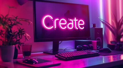 Modern Workspace with Neon Create Sign on Computer Screen in Dim Ambient Lighting