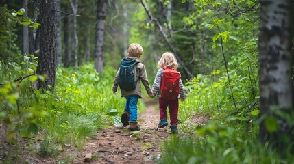 children exploring lush forest trail in spring joyful outdoor adventure