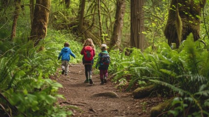 children exploring lush forest trail in spring joyful outdoor adventure