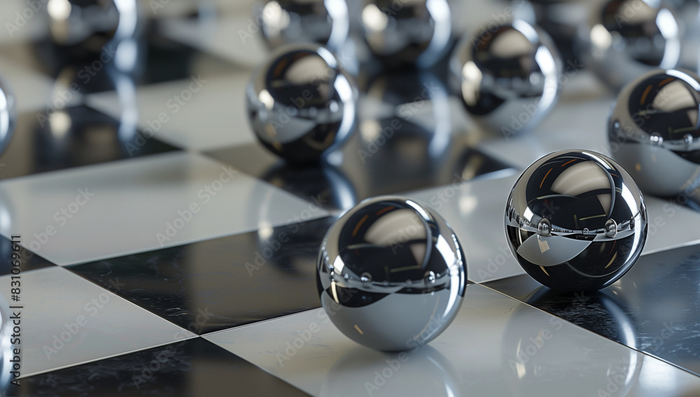 Poster a chessboard with metallic silver and black pieces, each piece shaped like an eggshaped sphere. the 
