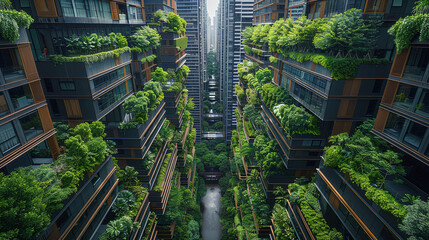 Modern Urban Skyscrapers with Lush Vertical Gardens and River in Cityscape Background