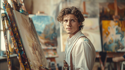 Obraz premium Young Male Artist Painting in Studio Surrounded by Colorful Canvases with Natural Light