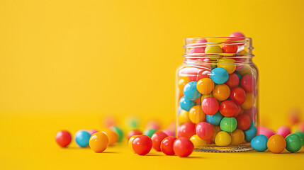 Colorful candy jar with assorted gumballs on bright yellow background fun and vibrant sweets scene