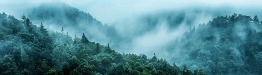 The forest appeared mystical as the fog enveloped the trees below.