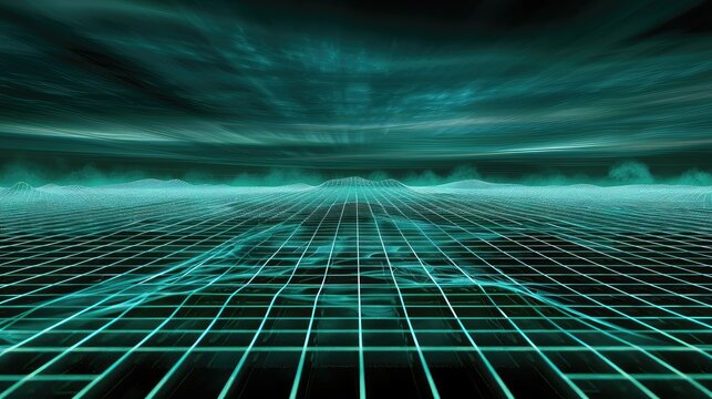 A dark, futuristic landscape with a glowing grid of lines in the foreground.