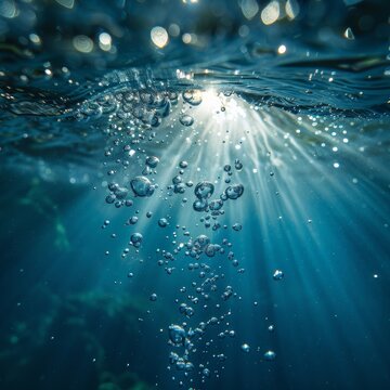 The serene glow of sunlight penetrating the water creating mesmerizing patterns of bubbles
