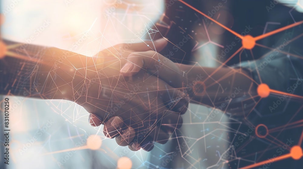 Poster handshaking business person in office with network effect concept of teamwork and partnership double