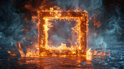 Glowing Square Frame of Fire with Blue Smoke Hovering Over Wet Surface Symbolizing Intensity