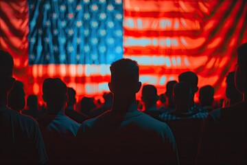a image of a group of people standing in front of a large american flag
