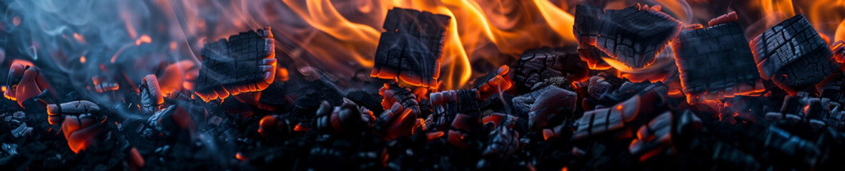 Close up of burning coals, fire and embers, high resolution photography, high details, high quality photo realistic, hyperrealistic stock photo in the style of various artists