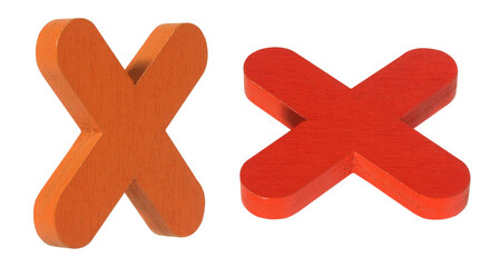 Red and orange wooden letters x isolated on white background