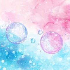 Soft pink and blue watercolor backdrop adorned with delicate bubbles.