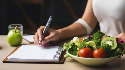 young female student writing with vegetables at home