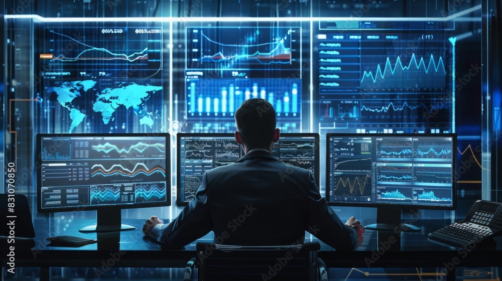 Poster a man seated at a desk, facing multiple computer monitors, appearing focused on his work or tasks.