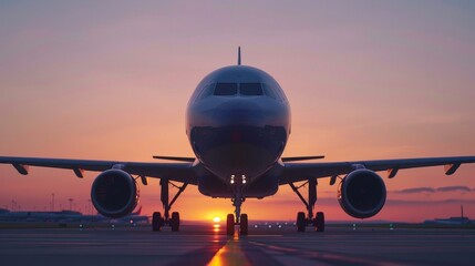 Naklejka premium Majestic aircraft on runway during stunning sunset with vivid colors of orange, pink, purple sky, evoking feelings of wanderlust, travel.