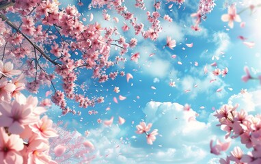 Visualize the elegant choreography of cherry blossom petals swirling in the crisp breeze beneath a vibrant azure sky.