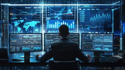 Fototapeta premium A man seated at a desk, facing multiple computer monitors, appearing focused on his work or tasks.