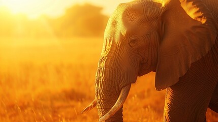 Close-up of an elephant in a golden sunset, creating a warm and serene scene. Perfect for nature and wildlife-themed projects.