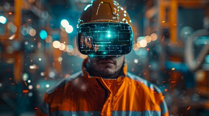 A construction worker wearing virtual reality glasses in the middle of an industrial plant, looking at holographic images on his VR headset.
