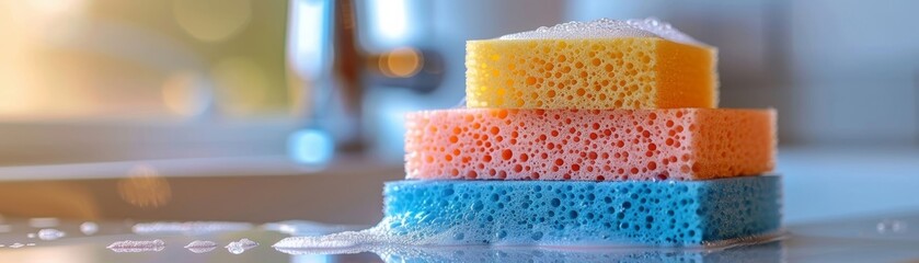Using a dishwashing sponge and foam for cleaning the kitchen sink and dishes.