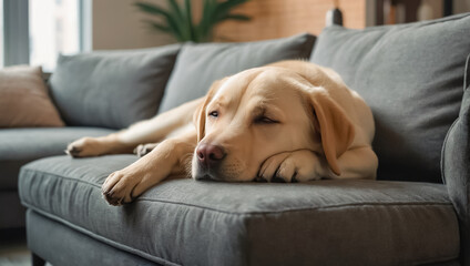 Cute Labrador dog sleeping on the sofa funny