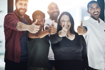 Business people, portrait and thumbs up for diversity in office, teamwork and pride for company win. Employees, like emoji and solidarity or motivation for approval, collaboration and agreement
