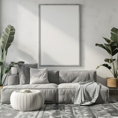 The living room is decorated in a modern style with a gray sofa, white walls, and a large plant in the corner
