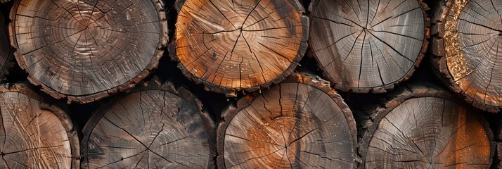 Naklejka premium Detailed view of tree rings and textures in a close-up of log ends, representing natural patterns and age