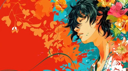 cool animestyle boy with vibrant floral background vector illustration