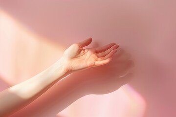 Naklejka premium Open Hand Reaching Out Against Pink Background
