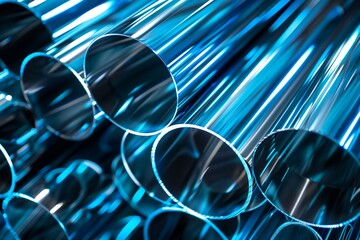 This image captures multiple steel pipes stacked with a blue light highlighting their edges