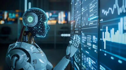 A robot with a humanoid figure is focused on a screen displaying various data points and information.