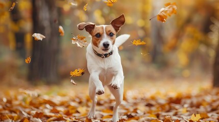 cute dog jumping and catching falling autumn leaves playful outdoor pet activity animal action photography - Powered by Adobe