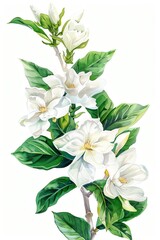Romantic Gardenia with creamy white petals, Watercolor Floral Border, watercolor illustration, isolated on white background