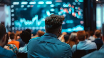 Fototapeta premium A man in a blue suit stands confidently in front of a crowd of people, his posture exuding authority and leadership.