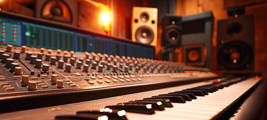 Close-up view of music studio mixing console with keyboard and mixer. Professional soundboard and...