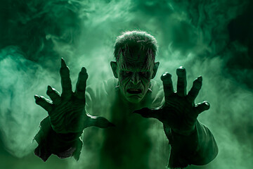 Frankenstein emerging from dark green mist. Frankenstein coming from darkness to scary you. Halloween design.